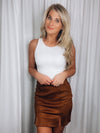 Skirt features a mini length, double slit detail, suede material, cognac color, comfy fit and runs true to size! -cognac