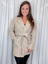 Coat features a solid base color, long sleeves, tie waist band, open front detail, collar detail, and runs true to size! =oatmeal