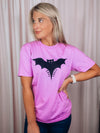 Graphic features a solid base colored tee, short sleeves, unisex fit, distressed black design and runs true to size!-pink