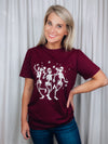 Graphic features a solid base color, short sleeves, dancing skeleton design unisex fit and runs true to size! -maroon 