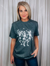 Graphic features a solid base color, short sleeves, dancing skeleton design unisex fit and runs true to size! -grey