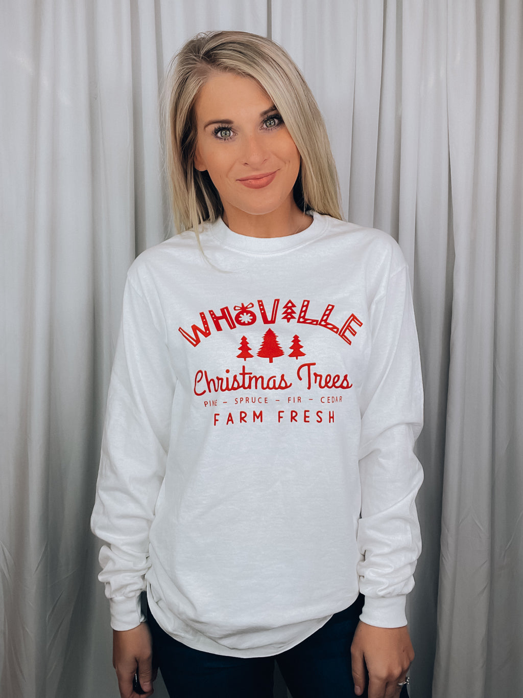 Graphic features a solid base colored tee, long sleeves, red ink design, unisex fit and runs true to size! 