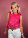 Tank features a black round neck design with black feather trim. If in-between sizes, we suggest sizing up-pink