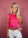 Tank features a black round neck design with black feather trim. If in-between sizes, we suggest sizing up-pink