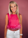 Tank features a black round neck design with black feather trim. If in-between sizes, we suggest sizing up-pink