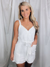 Romper features a solid base color, sleeveless detail, tie belt, round neck line, linen material and runs true to size! 