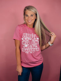 Graphic features a solid base colored tee, bubble white design, short sleeves, unisex fit and runs true to size! -pink