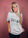 Graphic features a dark grey colored tee, multi colored retro fount, short sleeves, unisex fit, and runs true to size! 