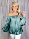 Top features a solid base color, long sleeves, thin material, on/off the shoulder detail, elastic neck/ shoulder detail and runs true to size!-sea foam