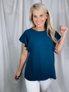 Top features a solid base color, stretchy material, short ruffle sleeves, round neck line and runs true to size!-navy