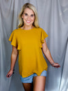 Top features a solid base color, stretchy material, short ruffle sleeves, round neck line and runs true to size!-mustard