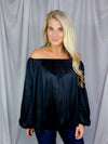 Top features a solid base color, long sleeves, thin material, on/off the shoulder detail, elastic neck/ shoulder detail and runs true to size!-black