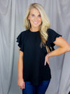 Top features a solid base color, stretchy material, short ruffle sleeves, round neck line and runs true to size!-black