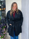 Coat features a dreamy warm feel, long sleeves, open front detail, tie waist detail and runs true to size! -black