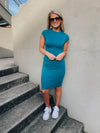 Dress features a solid base color, short sleeves, round neck line, fitted fit, midi length and runs true to size!-teal