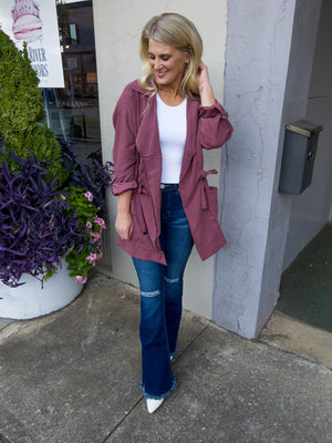 Jacket features a solid base color, lightweight suede material, 3/4 roll up sleeves, open front, tie waist, front pockets and runs true to size!-berry