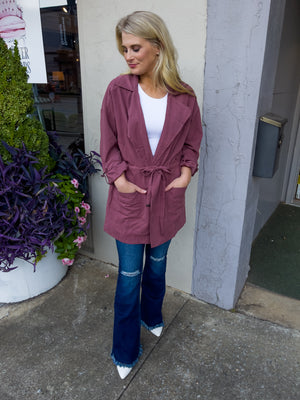 Jacket features a solid base color, lightweight suede material, 3/4 roll up sleeves, open front, tie waist, front pockets and runs true to size!-berry