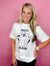 Graphic features a solid base color, fun black design, short sleeves, unisex fit and runs true to size!-white