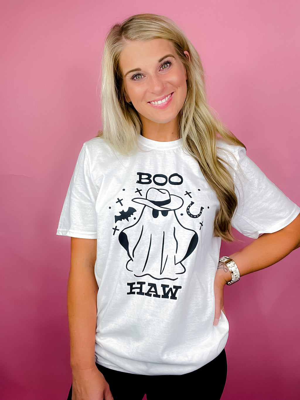 Graphic features a solid base color, fun black design, short sleeves, unisex fit and runs true to size!-white