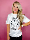 Graphic features a solid base color, fun black design, short sleeves, unisex fit and runs true to size!-white