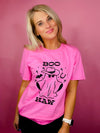 Graphic features a solid base color, fun black design, short sleeves, unisex fit and runs true to size!-pink