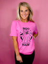 Graphic features a solid base color, fun black design, short sleeves, unisex fit and runs true to size!-pink