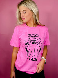 Graphic features a solid base color, fun black design, short sleeves, unisex fit and runs true to size!-pink