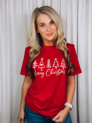 Graphic features a solid base color, short sleeves, white Merry Christmas with trees design, unisex fit and runs true to size!-red