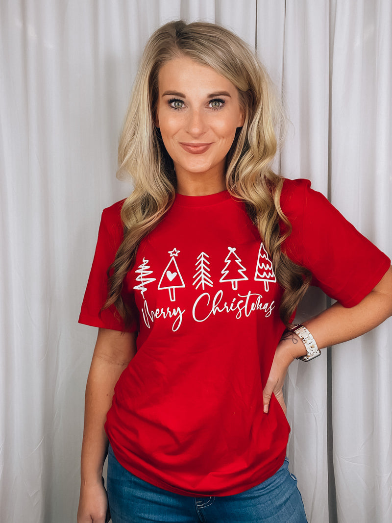 Graphic features a solid base color, short sleeves, white Merry Christmas with trees design, unisex fit and runs true to size!-green