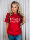 Graphic features a solid base color, short sleeves, white Merry Christmas with trees design, unisex fit and runs true to size!-red