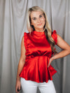 Top features a solid color, amazing silk material, sleeveless detail, baby doll fit, and runs true to size!-red