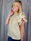 Top features a solid color allowing easy pairing, short ruffle sleeves to add detailing, round neck line, comfortable everyday fit and runs true to size!-taupe