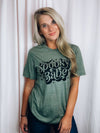 Graphic features a solid base color, short sleeves, unisex fit, black ink design and runs true to size!-olive