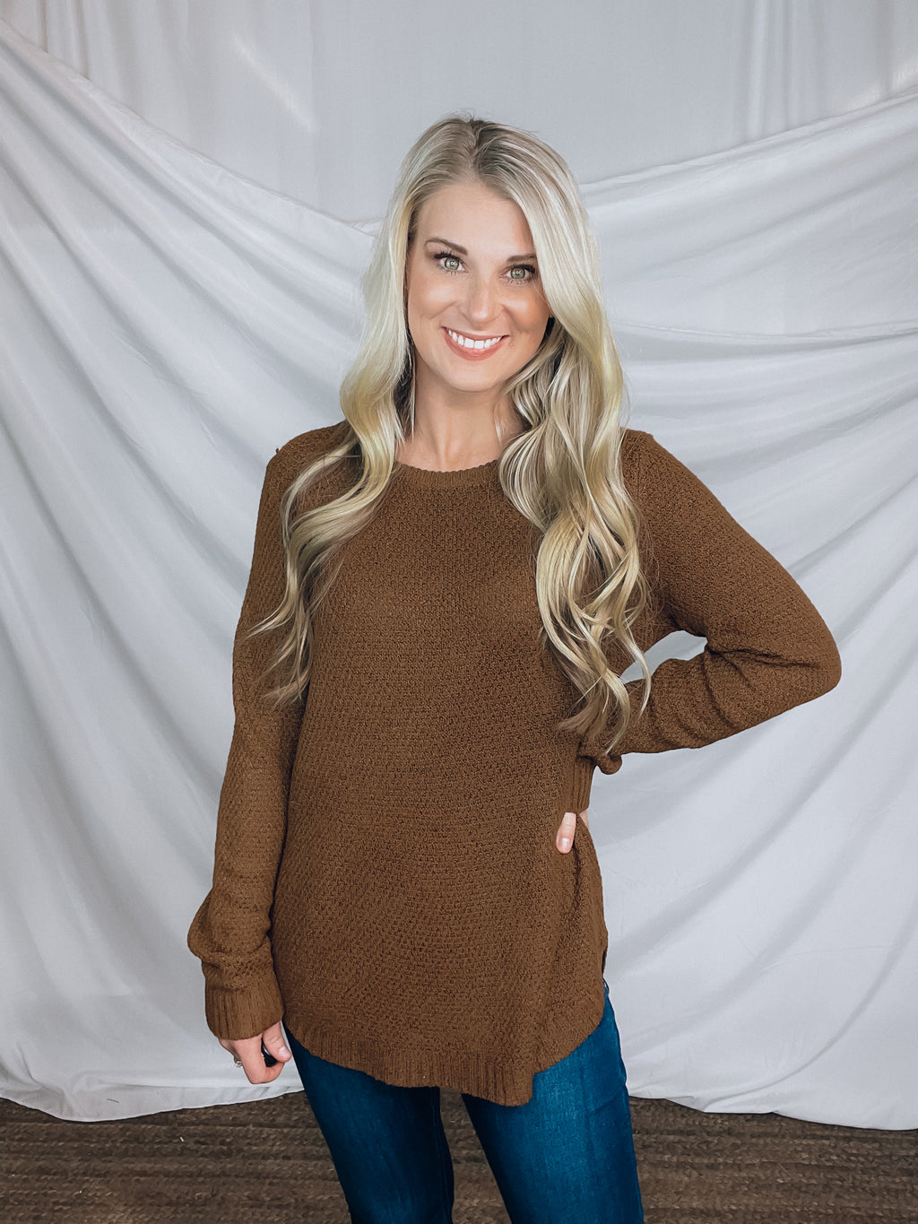 Sweater features a ribbed detailing, basic neck line, long sleeve, soft material and runs true to size!-BROWN