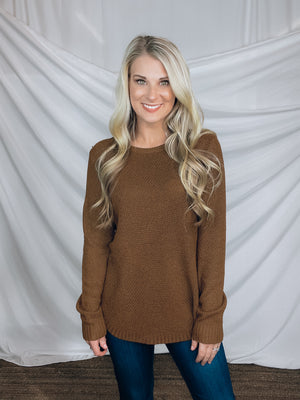 Sweater features a ribbed detailing, basic neck line, long sleeve, soft material and runs true to size!-BROWN