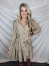 Dress features a solid base color, long sleeves, cuffed wrist, adjustable tie belt, collared detail and runs true to size!-TAUPE