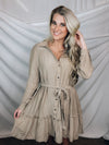 Dress features a solid base color, long sleeves, cuffed wrist, adjustable tie belt, collared detail and runs true to size!-TAUPE
