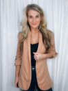 Blazer features a solid base color, 3/4 sleeves, open front, shawl collar detail and runs true to size!-caramel