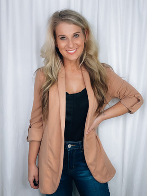 Blazer features a solid base color, 3/4 sleeves, open front, shawl collar detail and runs true to size!-caramel