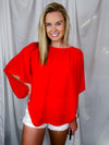 Top features a solid base color, short kimono sleeves, round neck line and runs true to size!-red