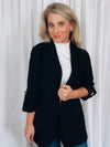 Blazer features a solid base color, 3/4 sleeves, open front, shawl collar detail and runs true to size!-black