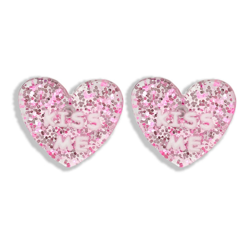 DESCRIPTION: Glitter Resin 'KISS ME' Heart Stud Earrings  - Approximately .6" Wide