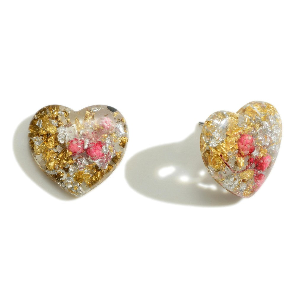 DESCRIPTION: Gold and Silver Flake Heart Resin Stud Earrings Featuring Flower Petal Accents  - Approximately .75" Wide