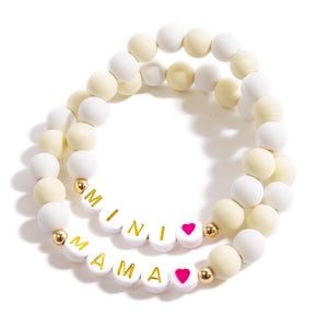 "Mama And Mini" Matte Beaded Stretch Bracelet Set  - Mini Approximately 2" Diameter - Mama Approximately 2.75" Diameter-ivory