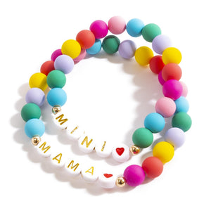 "Mama And Mini" Matte Beaded Stretch Bracelet Set  - Mini Approximately 2" Diameter - Mama Approximately 2.75" Diameter-multi