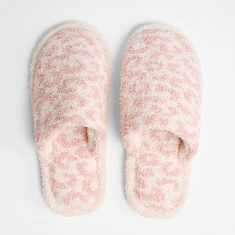 DESCRIPTION: Comfy Luxe Animal Print Slide On Slippers  - 100% Polyester - Rubber Sole  -S/M- Size: 6-8  -M/L- Size 8-10  -BLUSH