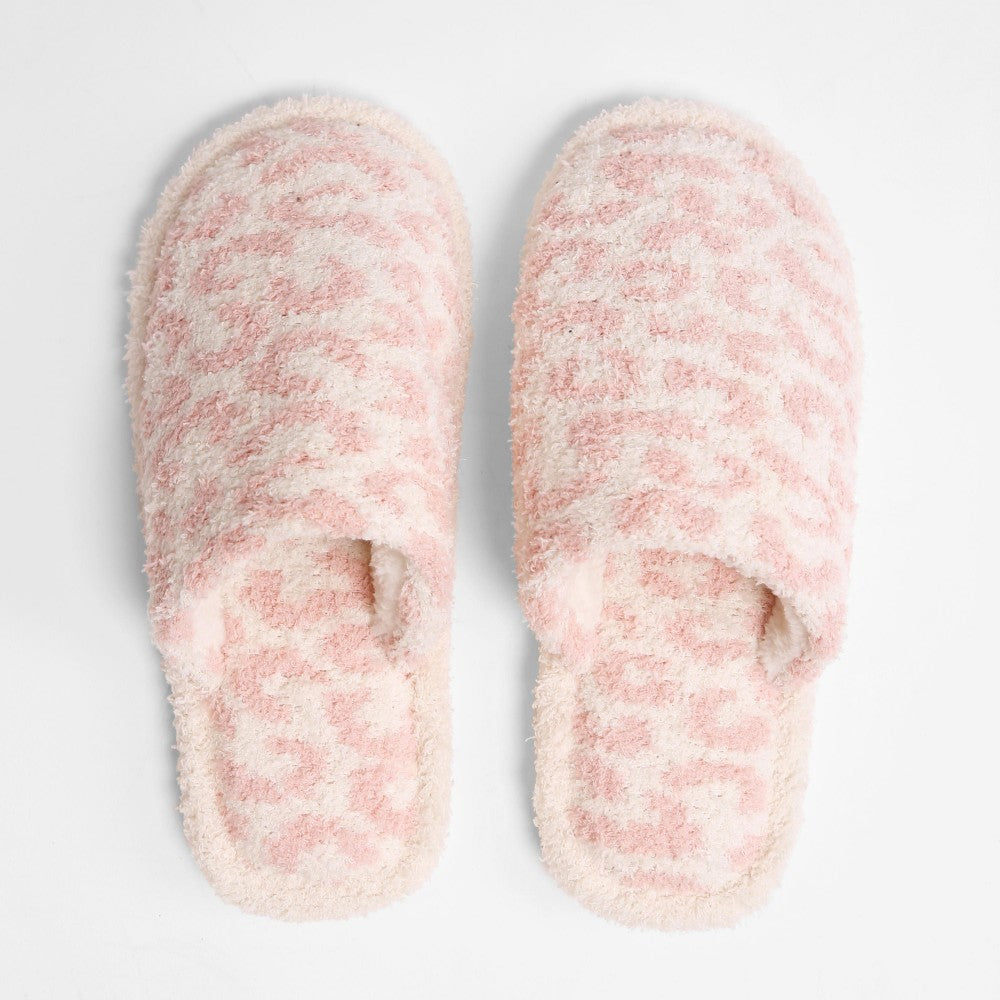 DESCRIPTION: Comfy Luxe Animal Print Slide On Slippers  - 100% Polyester - Rubber Sole  -S/M- Size: 6-8  -M/L- Size 8-10  -BLUSH