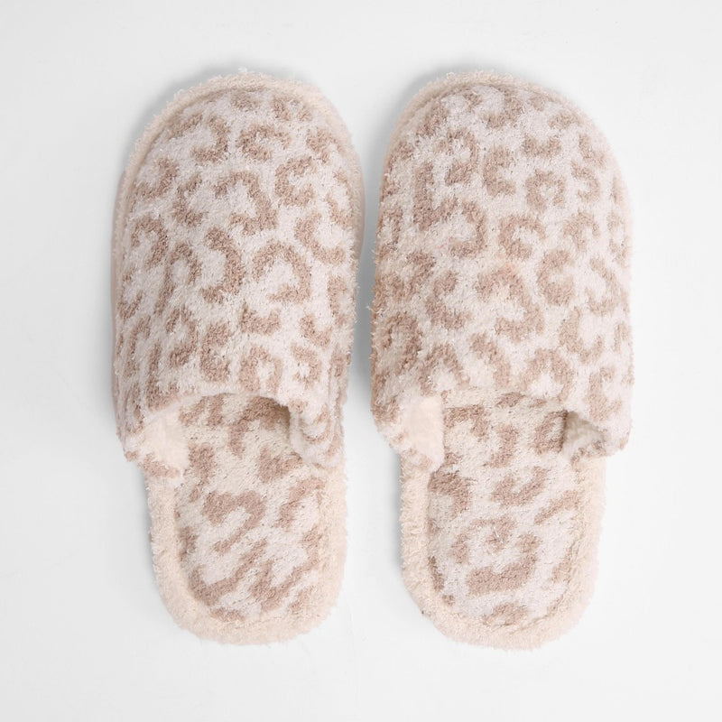 DESCRIPTION: Comfy Luxe Animal Print Slide On Slippers  - 100% Polyester - Rubber Sole  -S/M- Size: 6-8  -M/L- Size 8-10  -BEIGE