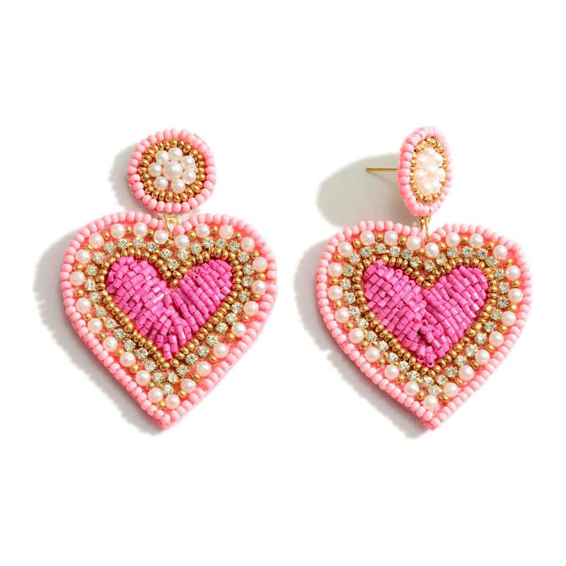DESCRIPTION: Seed Bead Heart Drop Earrings Featuring Pearl Accents  - Approximately 2.25" Long