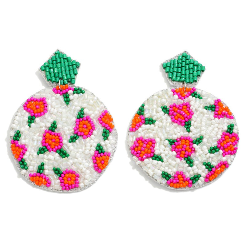 DESCRIPTION: Statement Circle Seed Beaded Earrings With Floral Designs  - Approximately 3" L